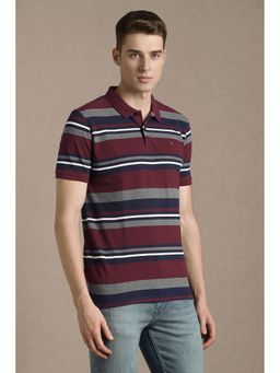 Louis Philippe - Maroon Cotton Blend Half Sleeves Collar Neck Stripes Polo T-Shirt