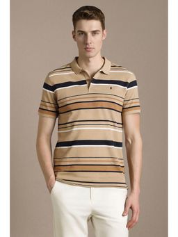 Louis Philippe - Beige Cotton Blend Half Sleeves Collar Neck Stripes Polo T-Shirt