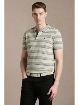 Louis Philippe - Grey Cotton Blend Half Sleeves Collar Neck Stripes Polo T-Shirt