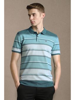 Louis Philippe - Blue Cotton Blend Half Sleeves Collar Neck Stripes Polo T-Shirt