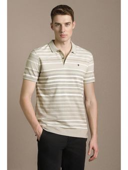 Louis Philippe - Beige Cotton Blend Half Sleeves Collar Neck Stripes Polo T-Shirt