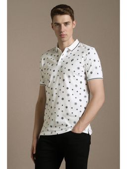 Louis Philippe - White Cotton Blend Half Sleeves Collar Neck Printed Polo T-Shirt
