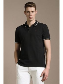 Louis Philippe - Black Cotton Blend Half Sleeves Collar Neck Textured Polo T-Shirt