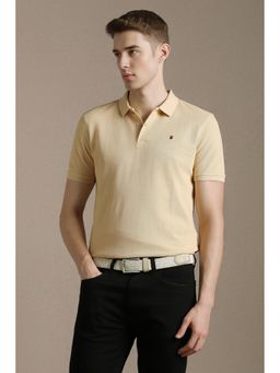 Louis Philippe - Beige Cotton Blend Half Sleeves Collar Neck Textured Polo T-Shirt