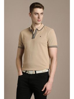 Louis Philippe - Beige Cotton Blend Half Sleeves Collar Neck Textured Polo T-Shirt