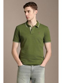 Louis Philippe - Olive Cotton Blend Half Sleeves Collar Neck Textured Polo T-Shirt
