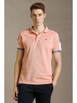 Louis Philippe - Peach Cotton Half Sleeves Collar Neck Textured Polo T-Shirt