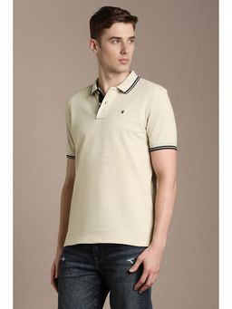 Louis Philippe - Beige Cotton Blend Half Sleeves Collar Neck Textured Polo T-Shirt