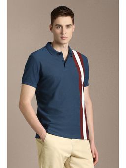 Louis Philippe - Blue Polyester Blend Half Sleeves Collar Neck Stripes Polo T-Shirt