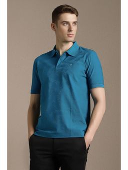 Louis Philippe - Blue Cotton Half Sleeves Collar Neck Textured Polo T-Shirt