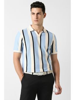 Peter England - Blue Cotton Blend Half Sleeves Collar Neck Stripes Polo T-Shirt