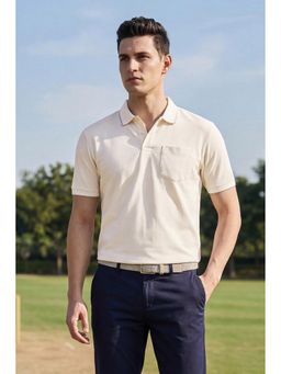Peter England - Cream Cotton Half Sleeves Collar Neck Solid Polo T-Shirt