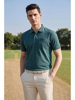Peter England - Teal Cotton Half Sleeves Collar Neck Solid Polo T-Shirt