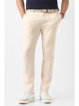 Peter England - Cream Slim Fit Cotton Blend Solid Casual Trouser