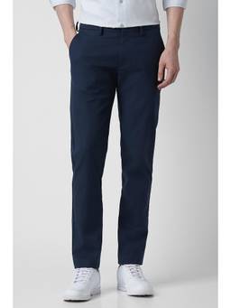 Peter England - Navy Blue Slim Fit Cotton Blend Solid Casual Trouser