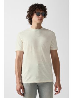Van Heusen - Beige Cotton Half Sleeves Crew Neck Textured T-Shirt