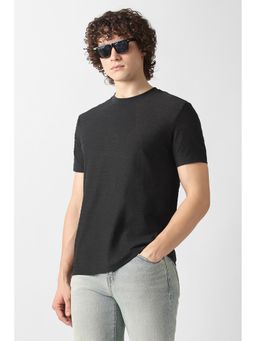 Van Heusen - Black Cotton Half Sleeves Crew Neck Textured T-Shirt