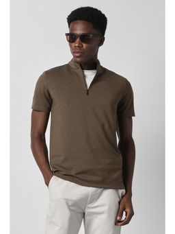 Van Heusen - Brown Polyester Blend Half Sleeves Round Neck Solid T-Shirt