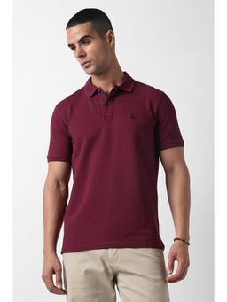 Van Heusen - Maroon Cotton Blend Half Sleeves Collar Neck Textured Polo T-Shirt