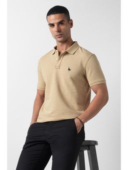 Van Heusen - Beige Cotton Blend Half Sleeves Collar Neck Textured Polo T-Shirt