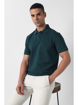 Van Heusen - Teal Cotton Blend Half Sleeves Collar Neck Textured Polo T-Shirt