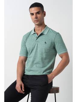 Van Heusen - Green Cotton Blend Half Sleeves Collar Neck Textured Polo T-Shirt