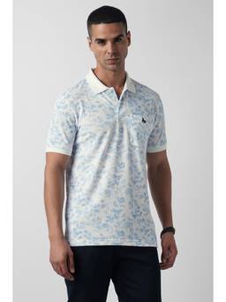 Van Heusen - White Cotton Blend Half Sleeves Collar Neck Printed Polo T-Shirt