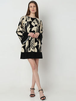 VERO MODA - Black & Beige Printed Fit & Flare Dress