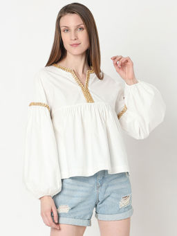 VERO MODA - White Beaded Flared Top