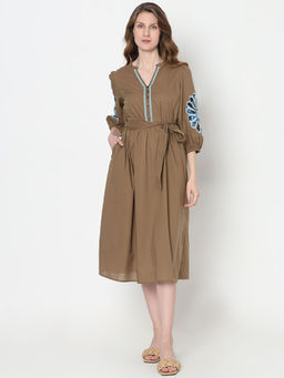 VERO MODA - Brown Embroidered Midi Dress with Belt (Set of 2)
