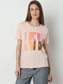 VERO MODA - Peach Printed Cotton T-Shirt
