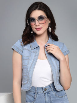 Style Quotient - Women Ice Blue Denim Open Front Regular Shrug