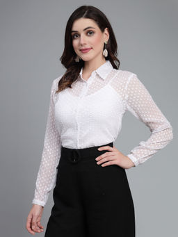 Style Quotient - Women White Self Design Swiss Dot Polyester Smart Casual Shirt