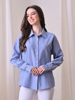 Ikonic Klaer - Women's Blue Vertical Stripe Button-Down Shirt