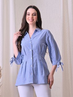 Ikonic Klaer - Women's Blue Vertical Stripe Button-Down Shirt