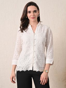Ikonic Klaer - Cabo-Women Cream Cotton Schiffli Self Design Shirt