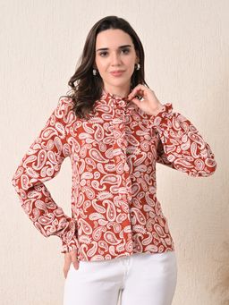 Ikonic Klaer - Jade-Women Paisley Pintuck Ruffle Neck Shirt