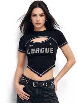Outzidr - Black Cut Out Neck Graphic Printed T-Shirt