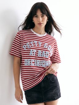 Outzidr - Women Oversized Striped Printed T-Shirt