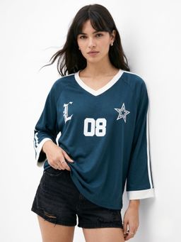 Outzidr - Teal Contrast V Neck Full Sleeved Varsity Graphic T-Shirt
