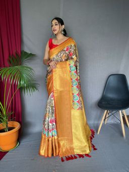 EXCLUSIVA - Brown Kanchipuram Kalamkari Print Saree with Unstitched