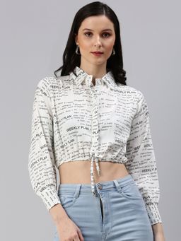SHOWOFFFF - Women's Typography Cinched Waist White Shirt Collar Crop Top