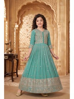 Lagorii - Girls Embroidered Chiffon Gown with Dupatta