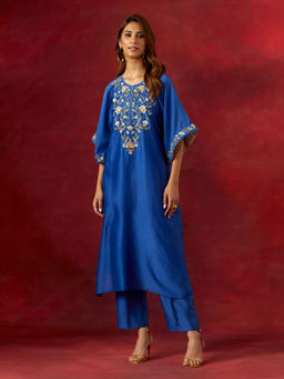 Anantaa by Roohi Trehan - Blue Embroidered Yoke Kaftan Kurta With Pant (Set of 2)