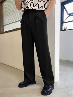 BROADSTAR - Mens Black Color Straight Fit Korean Casual Trousers