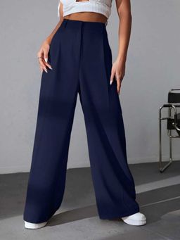 BROADSTAR - Women Navy Blue Color Baggy Fit Korean Casual Trousers