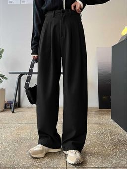 BROADSTAR - Women Black Color Straight Fit Korean Casual Trousers