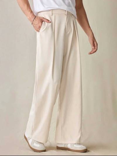 Mens Beige Color Loose Fit Pleated Korean Casual Trousers