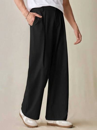 Mens Black Color Loose Fit Pleated Korean Casual Trousers