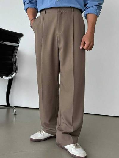 Mens Brown Color Loose Fit Pleated Korean Casual Trousers